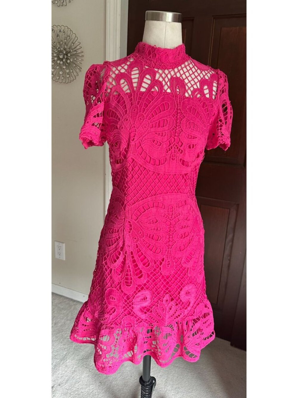 Hot pink lace a line dress with short sleeves fully lined fits S